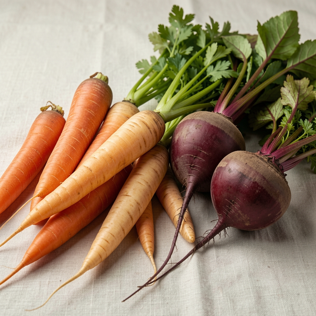 Autumn root vegetables including carrots, parsnips and beetroot arranged on a pale linen surface, seasonal produce editorial