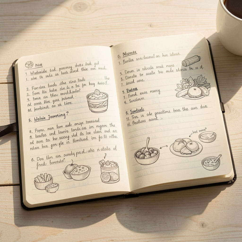 Detailed open field notebook with handwritten food journal entries and annotated sketches on a pale wooden surface, morning light